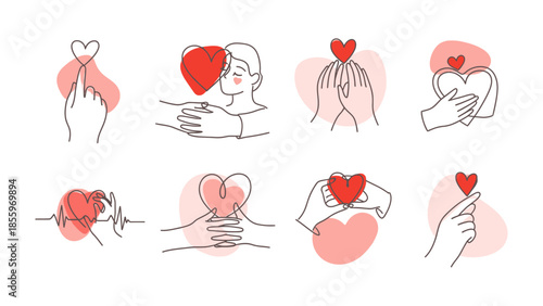 Love's Embrace: Collection of line art illustration, love heart concepts, symbol of caring. Expressing affection with a single, flowing line, minimalist artistry.