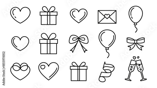 Love and Celebration: A curated collection of iconic symbols of love and celebration, featuring hearts, gifts, bows, and festive elements perfect for conveying joy and affection.