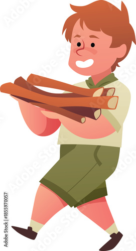 A boy scout in uniform carrying an armful of firewood, side view.