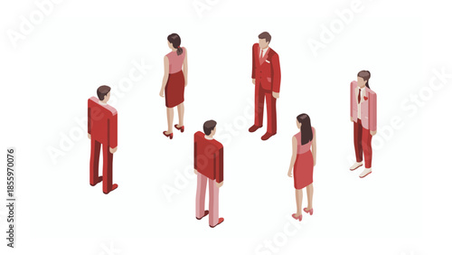 Isometric Circle: An illustration features a group of people, dressed in variations of red, gathered in a circle formation. The geometric shapes of their attire create a visual pattern