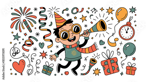 Festive Child's Celebration: A joyful illustration captures a cheerful child amidst a vibrant array of celebration elements, perfect for conveying happiness and festive vibes.