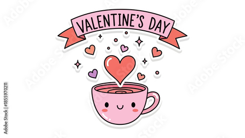 Valentine's Day Coffee Delight: A charming, hand-drawn illustration featuring a delightful coffee cup overflowing with love and joy on Valentine's Day. 