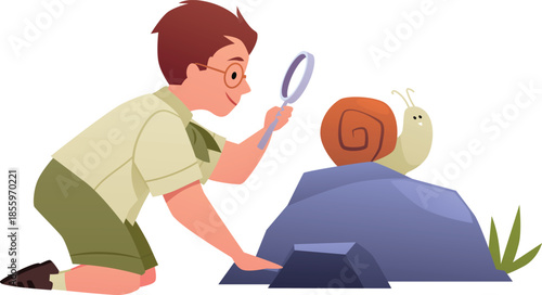 A boy scout kneeling near a rock, examining a snail through a magnifying glass