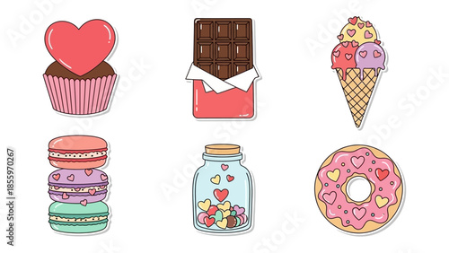 Sweet Delights of Affection: An assortment of delectable treats, including a cupcake topped with a heart, chocolate bar, ice cream cone, macaron, a jar filled with heart-shaped candies, and a donut.