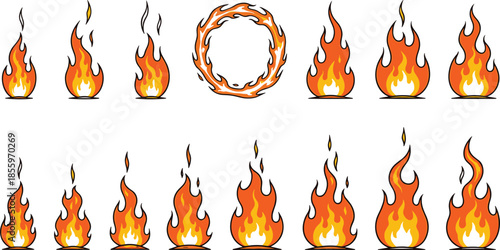 Fire flame vector illustration set with burning flames, blazing fire shapes, and circular fire ring elements for danger, energy, heat, and graphic design concepts