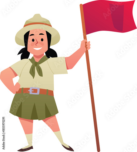 Girl wear scout uniform, neckerchief holding a red flag, cartoon summer kids camp scouts leadership vector character