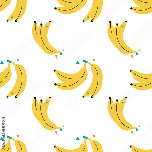 Seamless pattern of cartoon yellow bananas with colorful accents on a white background, ideal for fabric or wallpaper design.
