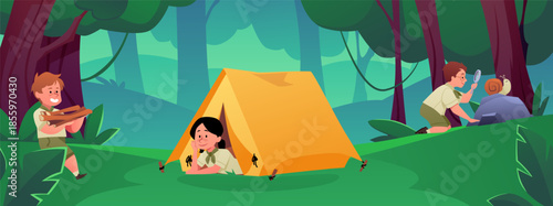 Scout kids camp in forest, group of scouts resting in camping tent, preparing firewood for a fire and examining insects