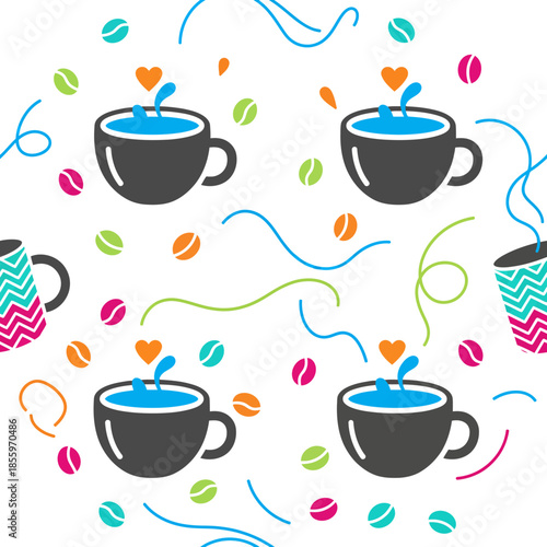 Colorful seamless pattern featuring coffee cups with heart-shaped splashes, scattered coffee beans, and abstract lines on a white background, perfect for beverage-themed designs.