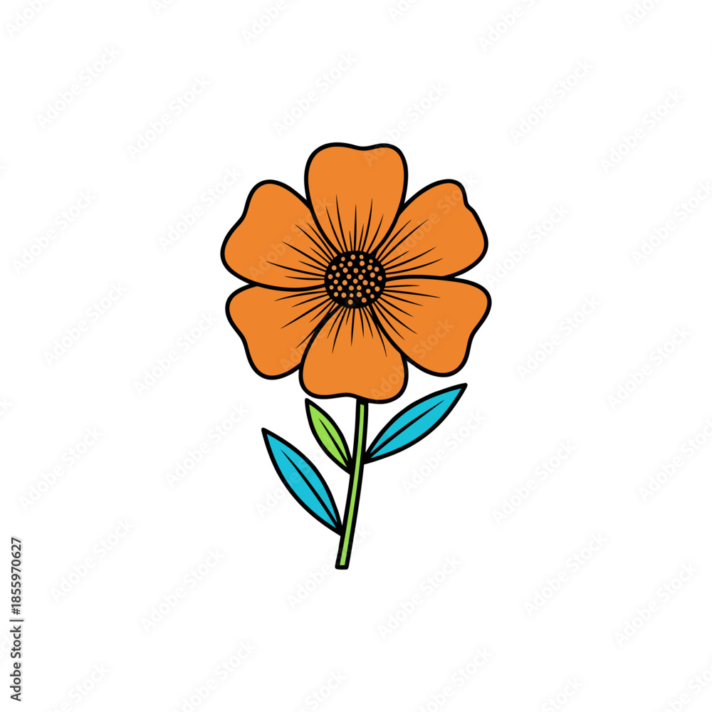 Obraz premium Simple cartoon illustration of an orange flower with a green stem and blue leaf on a white background.