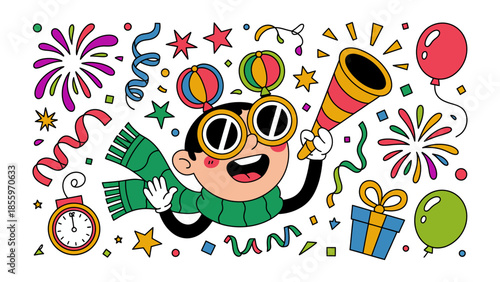 Celebratory Illustration: A joyful figure, adorned with festive accessories, heralds a moment of celebration, framed by a kaleidoscope of party elements.