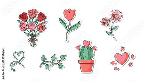 Valentine's Day Flora: A delightful array of floral elements is arranged, each blooming with love and joy, featuring a heart-shaped tulip, cactus with heart, bouquet of rose, flower, heart, leaves.