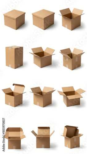 Various cardboard boxes in different states of opening on white background