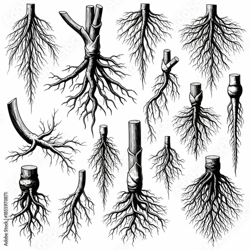 Detailed illustrations of various tree roots and stumps in black and white