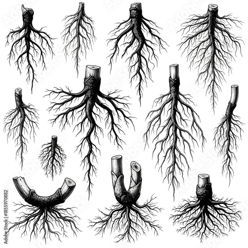 Detailed illustrations of tree roots with cut stumps on white background
