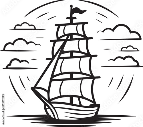 Black and white illustration of a sailing ship with clouds and sun rays sailboat boat