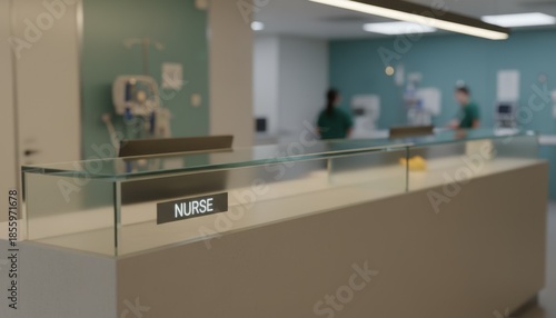 Nurse station desk in a modern hospital setting with blurred medical staff in the background