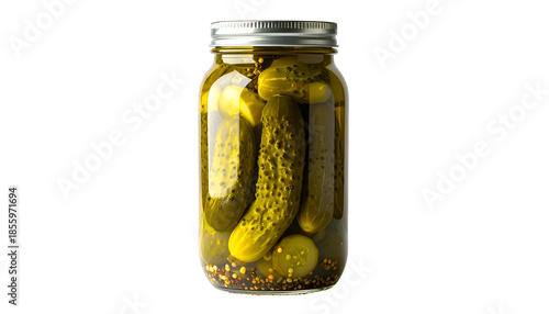 Glass jar filled with dill pickles in brine, set against a black background