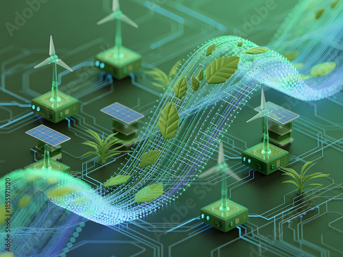 Eco-Technology: A harmonious fusion of nature and cutting-edge technology, with solar panels and wind turbines.