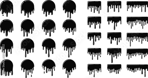 Dripping paint shapes, liquid drip silhouettes, black ink textures, abstract fluid elements, vector design assets, circular and rectangular drip collection