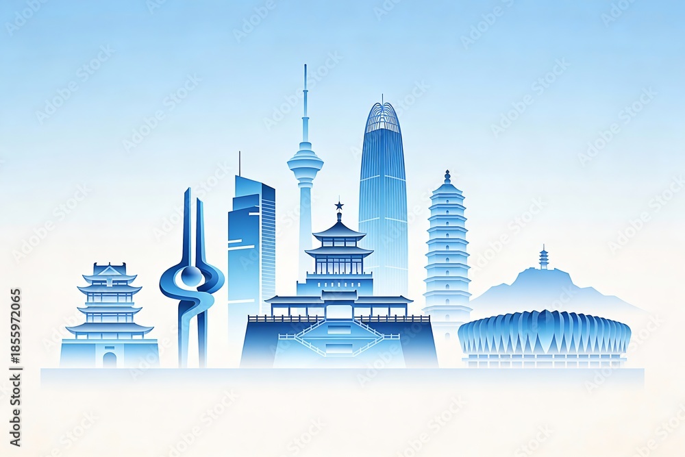 Fototapeta premium Blue-Toned City Skyline: Mix of Traditional & Modern Landmarks