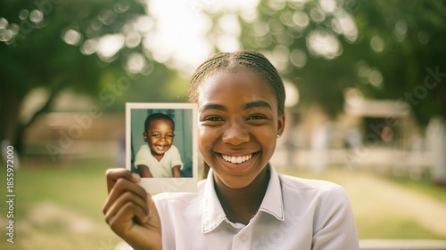 A smiling young woman holds photo of himself as a younger child outdoors, symbolizing growth, memories