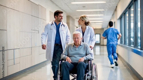 Medical staff and patient in a hospital corridor