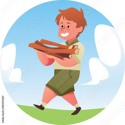 A round frame with a boy scout carrying firewood against a blue sky.