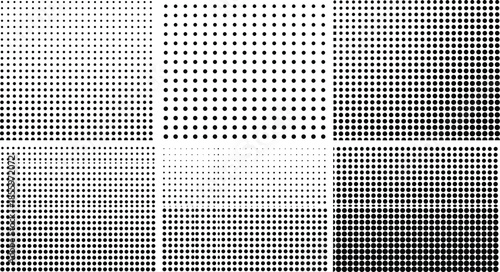 Halftone dot grids, abstract texture patterns, black dot variations, gradient simulation, printing effects, vector design elements, retro shading layout