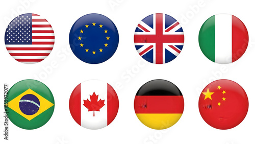 Eight national flags on transparent background for international business and travel concepts