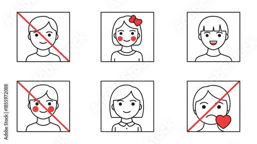 Illustration of Positive and Negative Facial Expressions: A set of six meticulously drawn illustrations showcases a range of human emotions, marked with symbols of approval and disapproval.