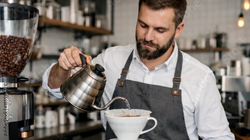 Barista is preparing coffee using the pour-over method