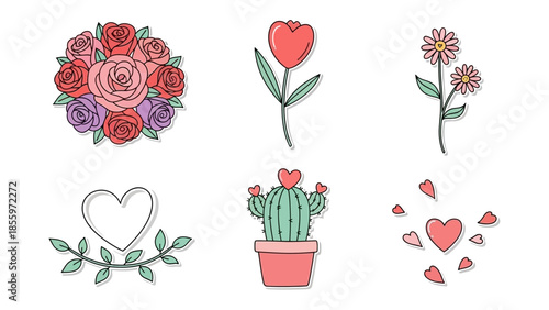 Floral Emblems of Affection: An array of delightful floral and heart motifs, each an emblem of love and sentiments, ideal for expressing affections. 