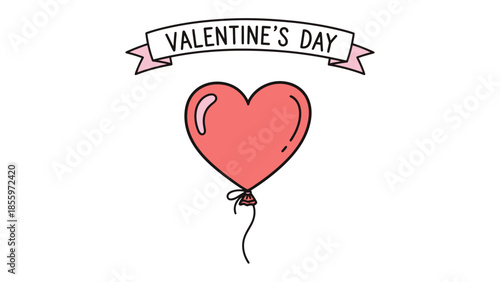 Love's Aerial Message: A delicate, heart-shaped balloon floats gently, bearing the romantic message of Valentine's Day on a gently unfurling banner, an emblem of affection.