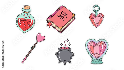 Love Potion Set: A collection of magical items for brewing the perfect love spell. Featuring a potion bottle, spellbook, heart pendant, wand, and a cauldron.