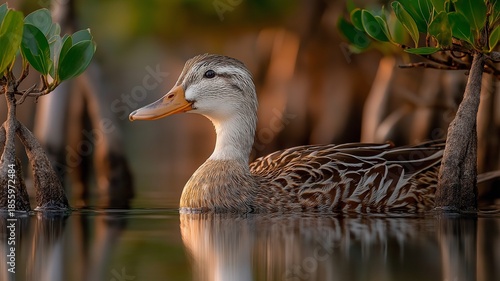 Duck gracefully swimming through calm mangrove waters, captured in warm natural light.