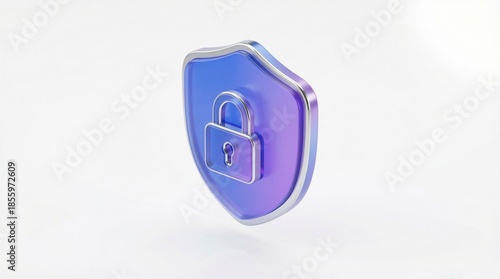 Glossy 3D security shield and padlock icon floating on white background