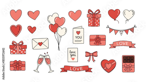 Valentine's Day Elements: Capturing the spirit of romance, this image presents a collection of Valentine's Day elements including hearts, gifts, love letter, and celebration items.