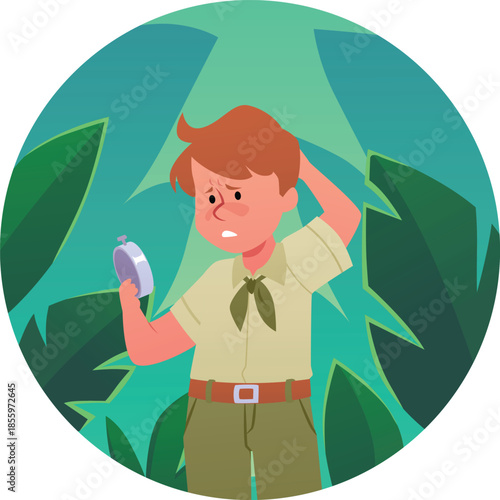 Scout boys exploring compass in the forest, vector tourism hiking orientation, camping and travel equipment camping gear