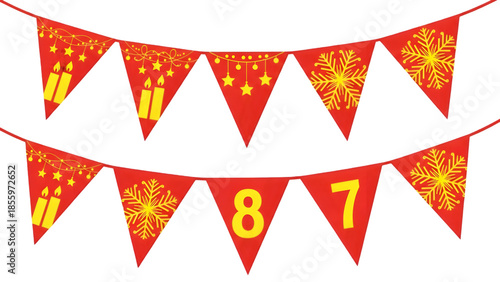 Red and gold birthday bunting flags with numbers and decorations on transparent background
