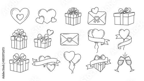Love and Celebrations: An array of gift boxes, heart-shaped balloons, banners, and envelopes create a collection of romantic celebration symbols.
