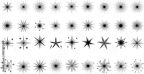 Starburst icon set, sparkle silhouettes, black festive elements, abstract light rays, decorative vector shapes, celebration graphic design assets