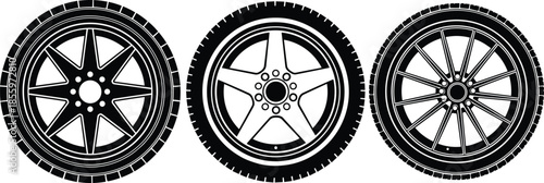 Car wheel rim designs, automotive vector art, modern alloy styles, tire illustration, vehicle customization concept - flat vector illustration