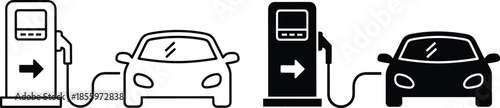 Gas pump and car icons, flat vector illustration, fuel station symbols, energy source contrast, outline and silhouette design