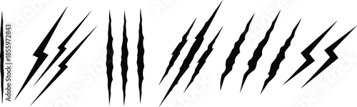 Claw mark and lightning bolt icons, flat vector illustration, aggressive graphic shapes, energy symbols, tattoo style, dynamic design