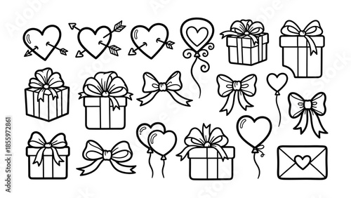 Love's Gift & Celebration: A charming assortment of hearts, bows, presents, and balloons creates a festive feel. Capture the joy and essence of togetherness and celebration.