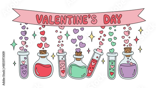 Love's Concoctions: A festive illustration depicts a romantic scene for Valentine's Day, showcasing potion bottles filled with colorful love potions, and sparkling with hearts, stars.