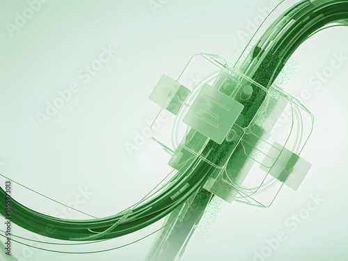 Green Fiber Optics and Cubes: Abstract view of intricate green fiber optics and connected cubes, symbolizing advanced technology and high-speed data transfer.