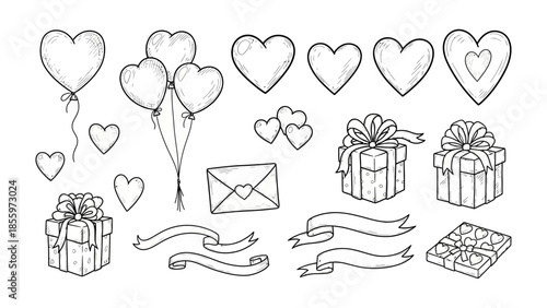 Valentine's Day Line Art: Exquisite black and white illustrations evoke love and affection, featuring hearts, gifts, banners, and an envelope, all perfect for expressing heartfelt sentiments. 