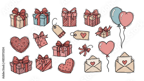 Love's Festive Array: A charming ensemble of gifts, hearts, and balloons, embodying the essence of romance and affection for special events.